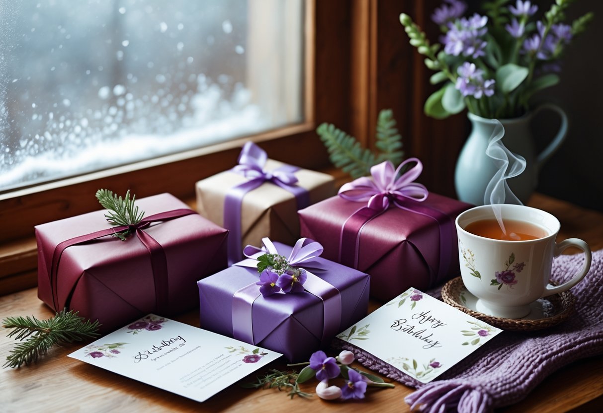A cozy winter birthday scene with wrapped gifts, a cup of tea, a knitted scarf, fresh flowers, and a birthday card on a wooden table near a frosted window.