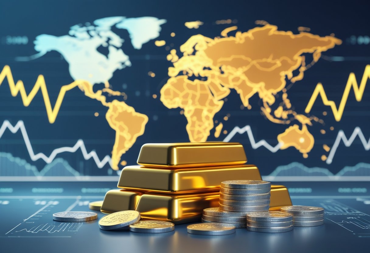 A world map showing areas of conflict with stacks of gold bars and silver coins in the foreground, surrounded by abstract financial charts representing market volatility.