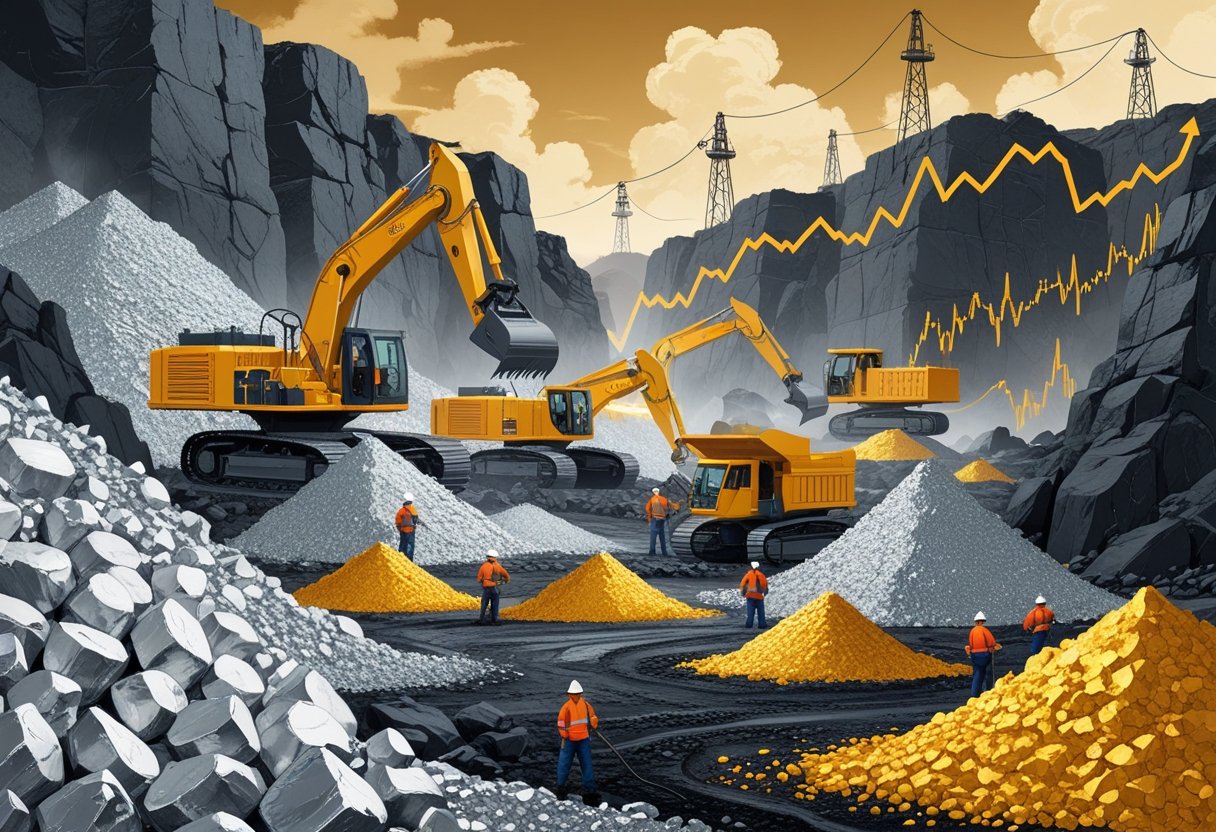 A mining site with workers and heavy machinery extracting silver and gold ores from rocky terrain, with visual elements suggesting scarcity and high demand.