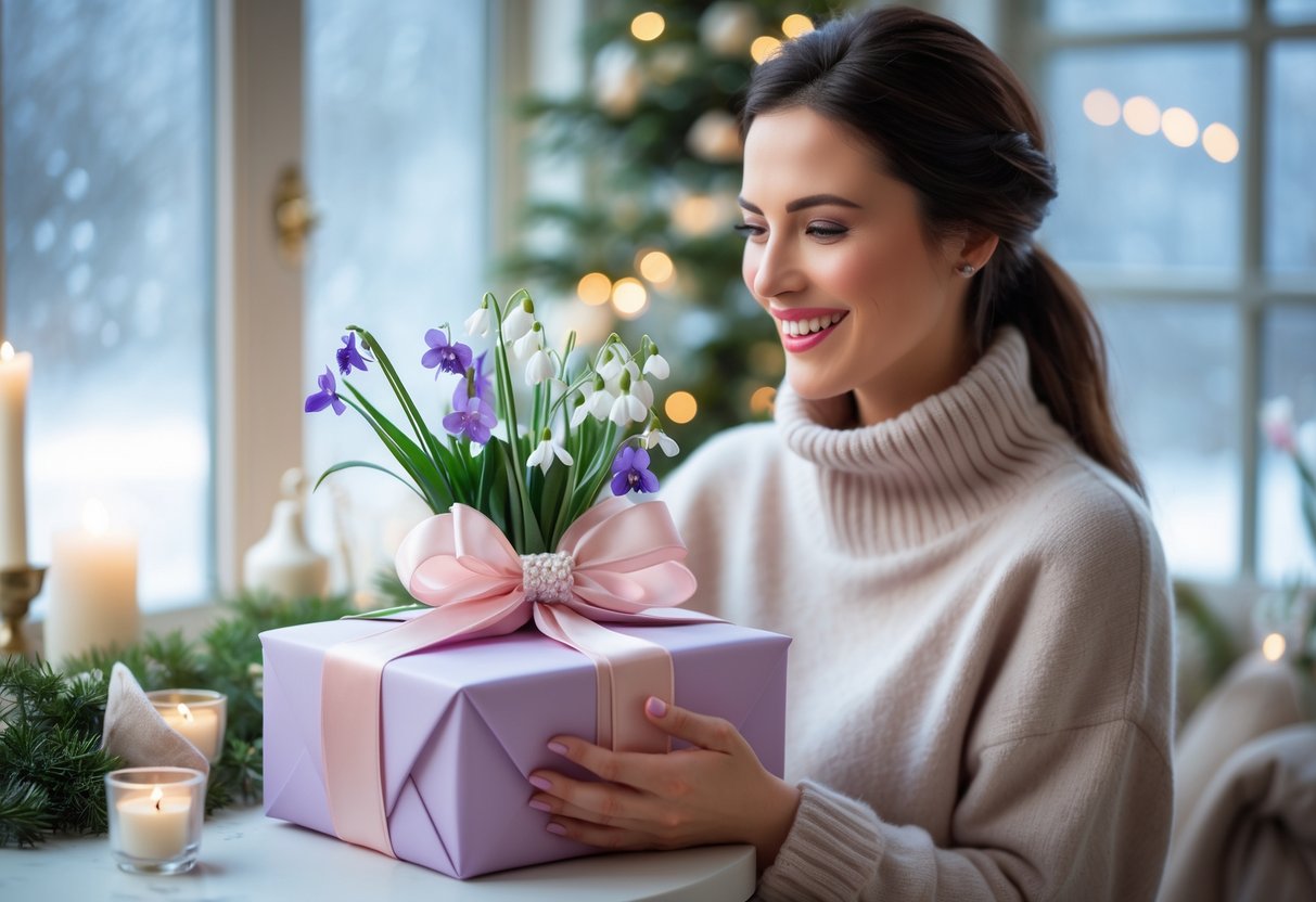 A woman holding a beautifully wrapped gift box with flowers on a cozy winter-themed background.