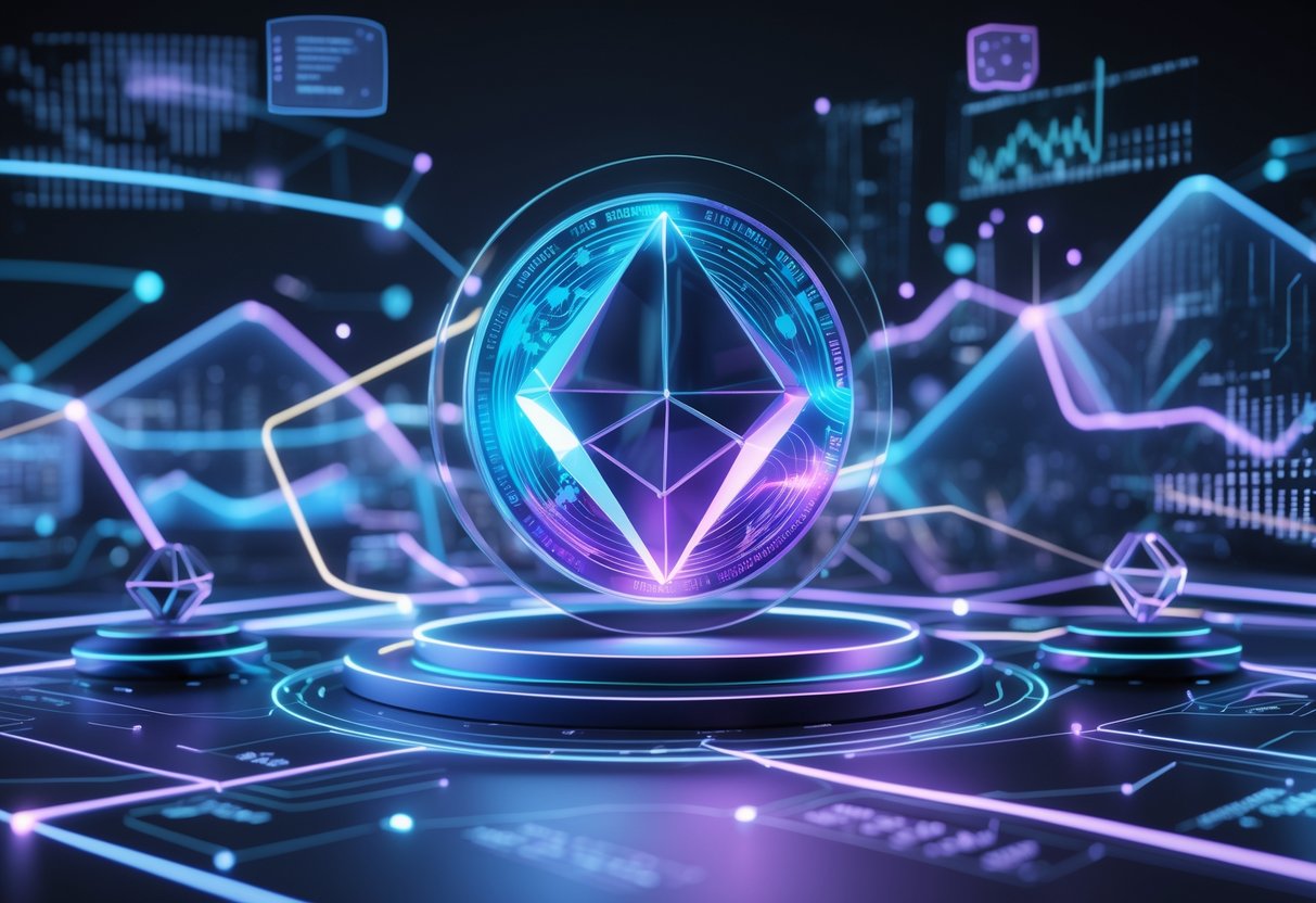 A futuristic digital scene showing a glowing multifaceted coin surrounded by interconnected nodes and floating data streams representing new cryptocurrency concepts.