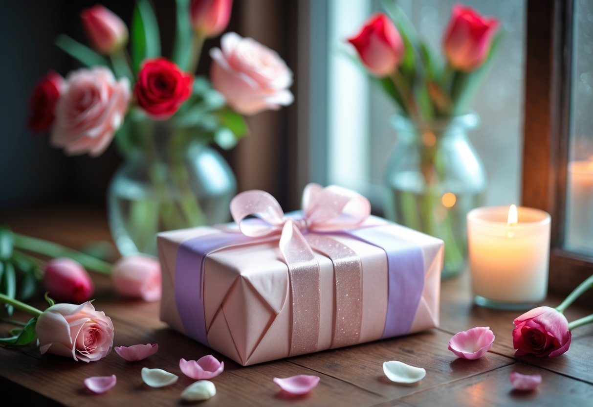 A beautifully wrapped gift box surrounded by fresh flowers and rose petals on a wooden table near a window with soft natural light.