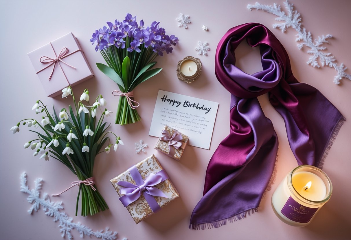 A flat lay of elegant gift items including a silk scarf, fresh flowers, a jewelry box, a scented candle, and a birthday card on a pastel background with winter accents.