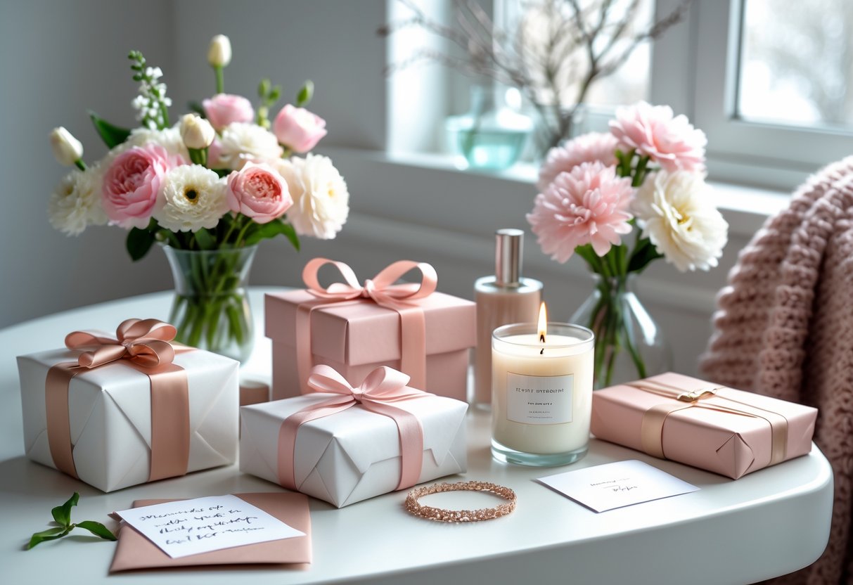 A table with various wrapped birthday gifts, flowers, a candle, jewelry, and a handwritten card in a cozy room with soft natural light.