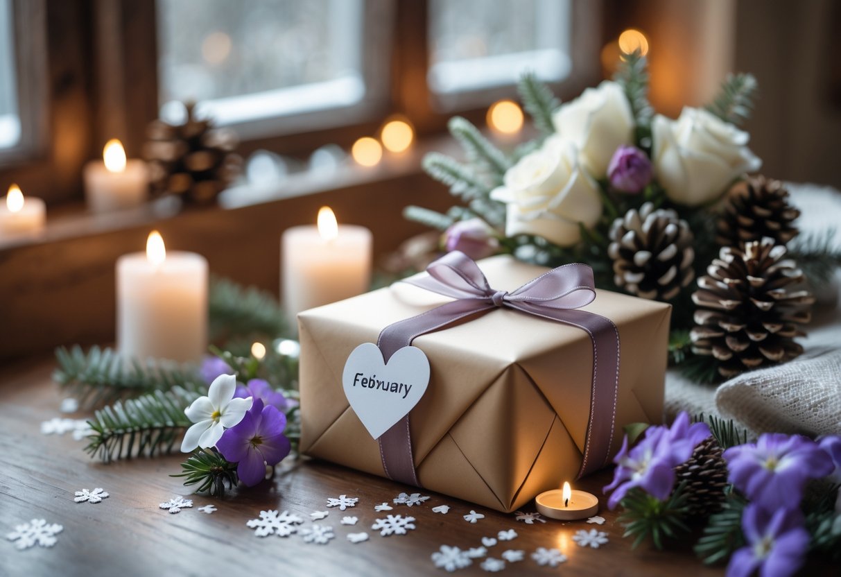 A wrapped gift box with ribbons on a wooden table surrounded by winter decorations and flowers in a cozy indoor setting.