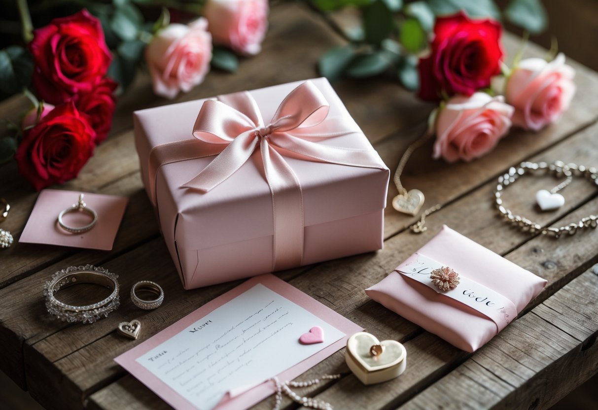A wrapped gift with a pink ribbon on a wooden table surrounded by jewelry, a handwritten note, and red and pink roses.