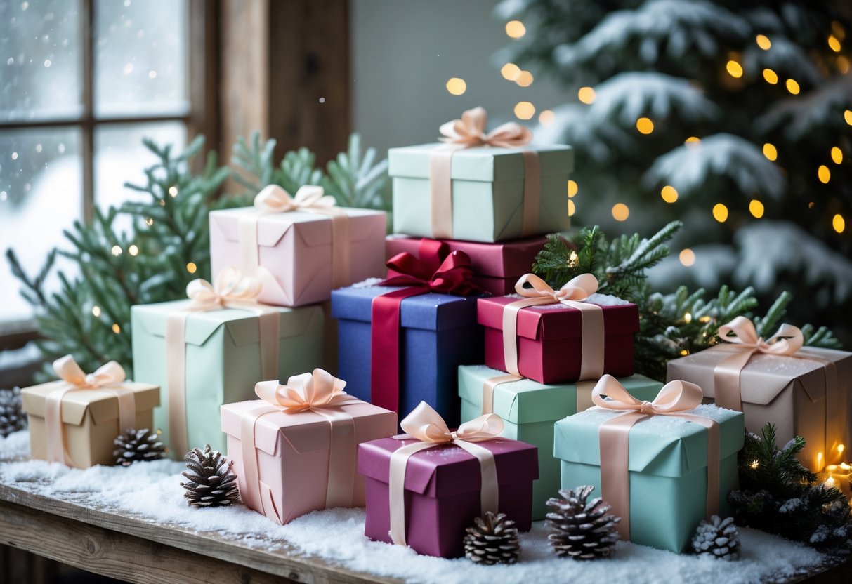 A table with wrapped gift boxes, pinecones, evergreen sprigs, and fairy lights near a window showing snowfall outside.