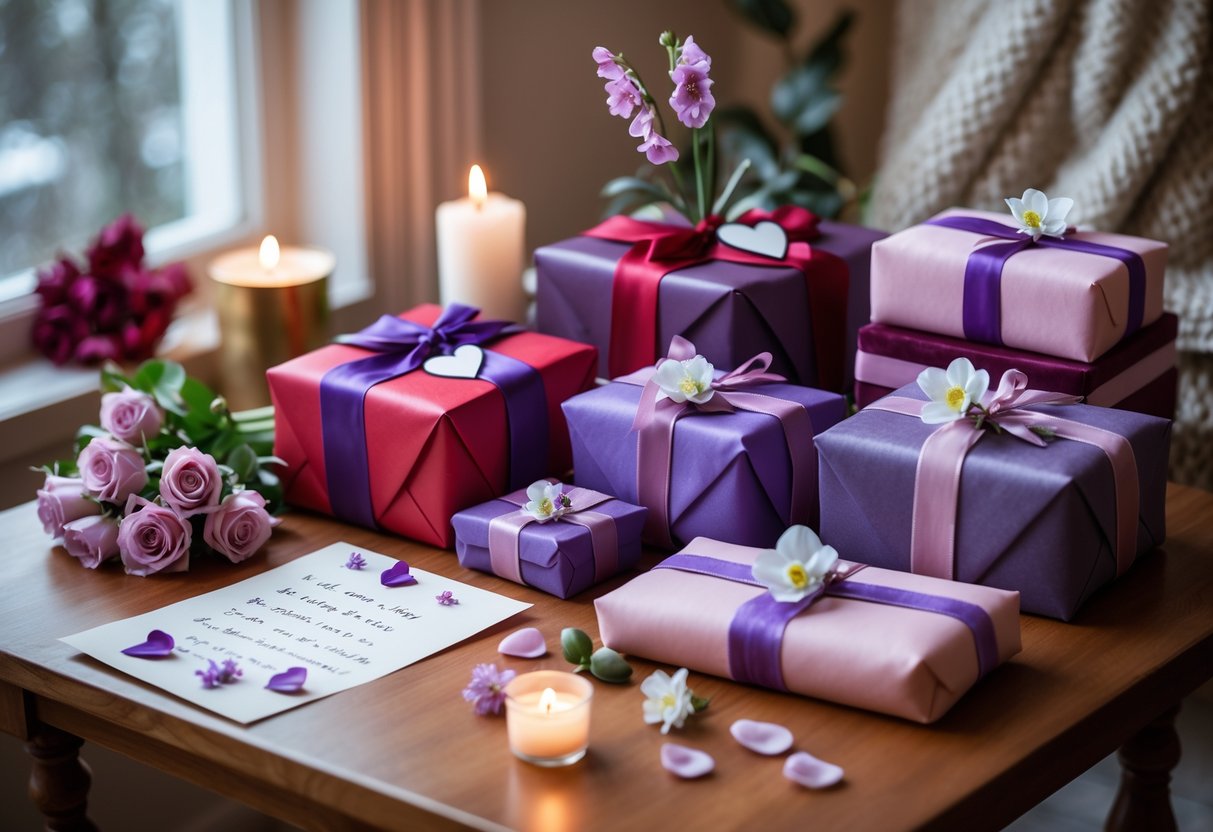 A cozy room with a wooden table holding elegantly wrapped February birthday gifts for her, decorated with ribbons, fresh flowers, and a handwritten note.