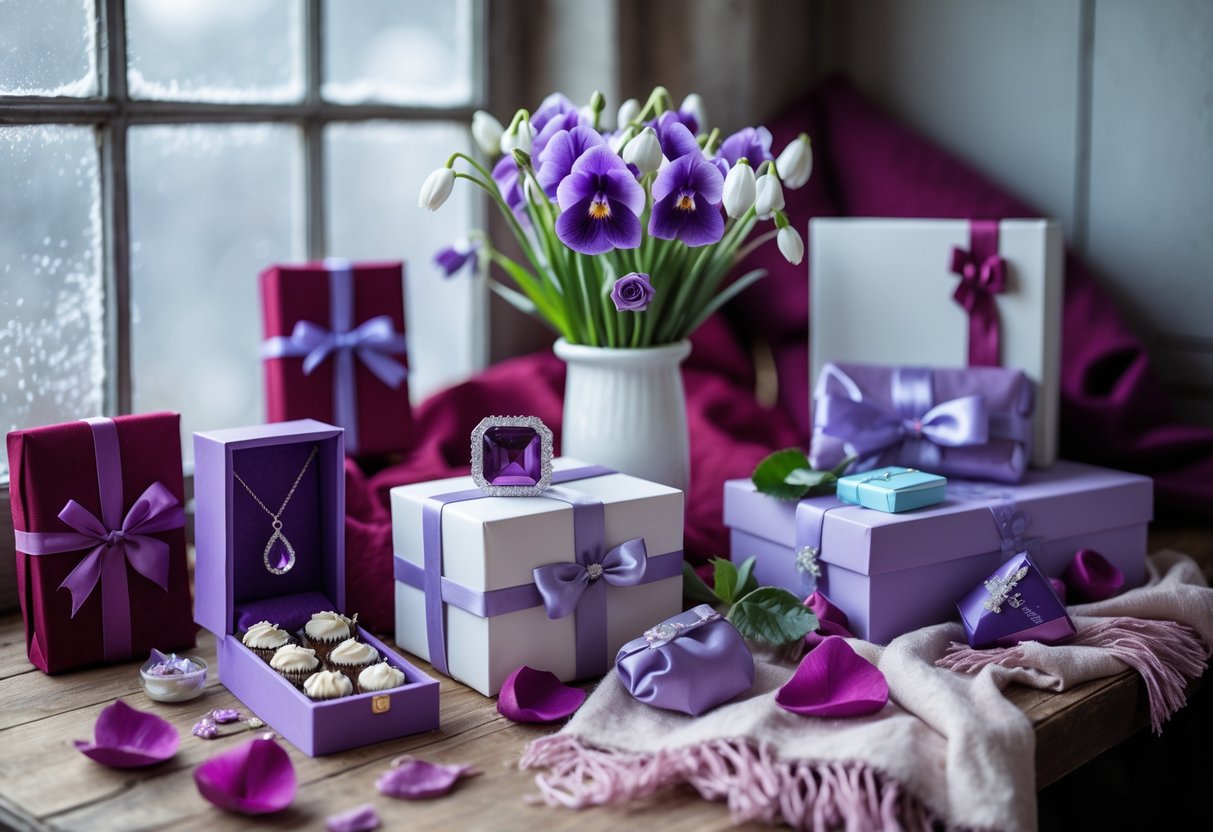 A cozy table with unique February birthday gifts for her, including jewelry, flowers, chocolates, and a scarf, set against a softly lit winter background.