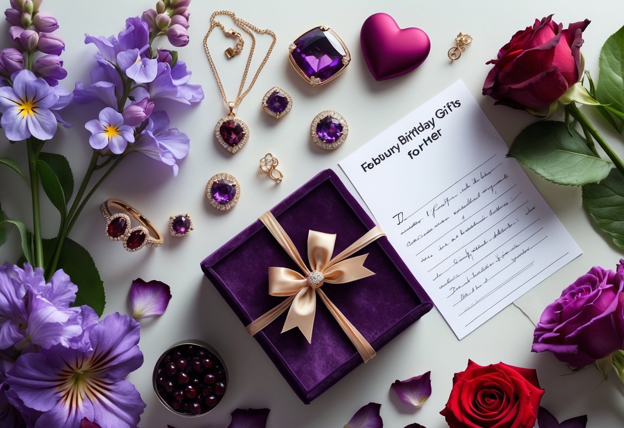 A flat lay of elegant February birthday gifts including gemstone jewelry, flowers, a velvet box, and a handwritten note on a neutral background.