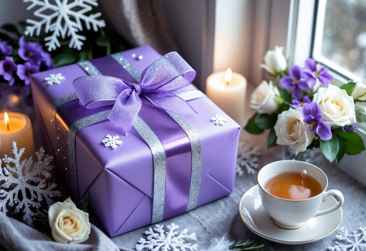 A wrapped gift box with a ribbon surrounded by winter decorations, flowers, and a cup of tea on a cozy table near a window.