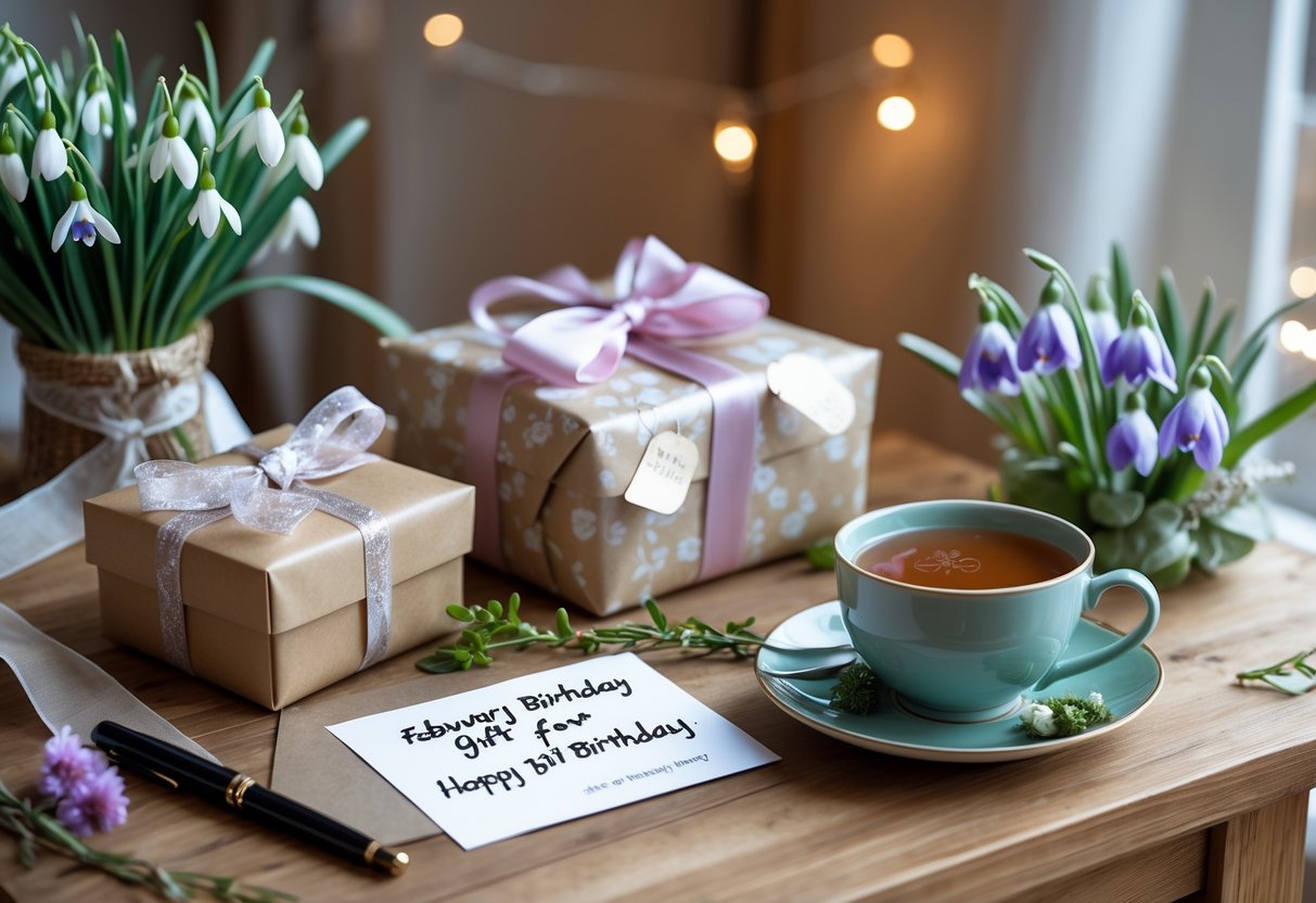 A cozy table with personalized gift boxes, winter flowers, a handwritten card, and a cup of tea in a softly lit room.