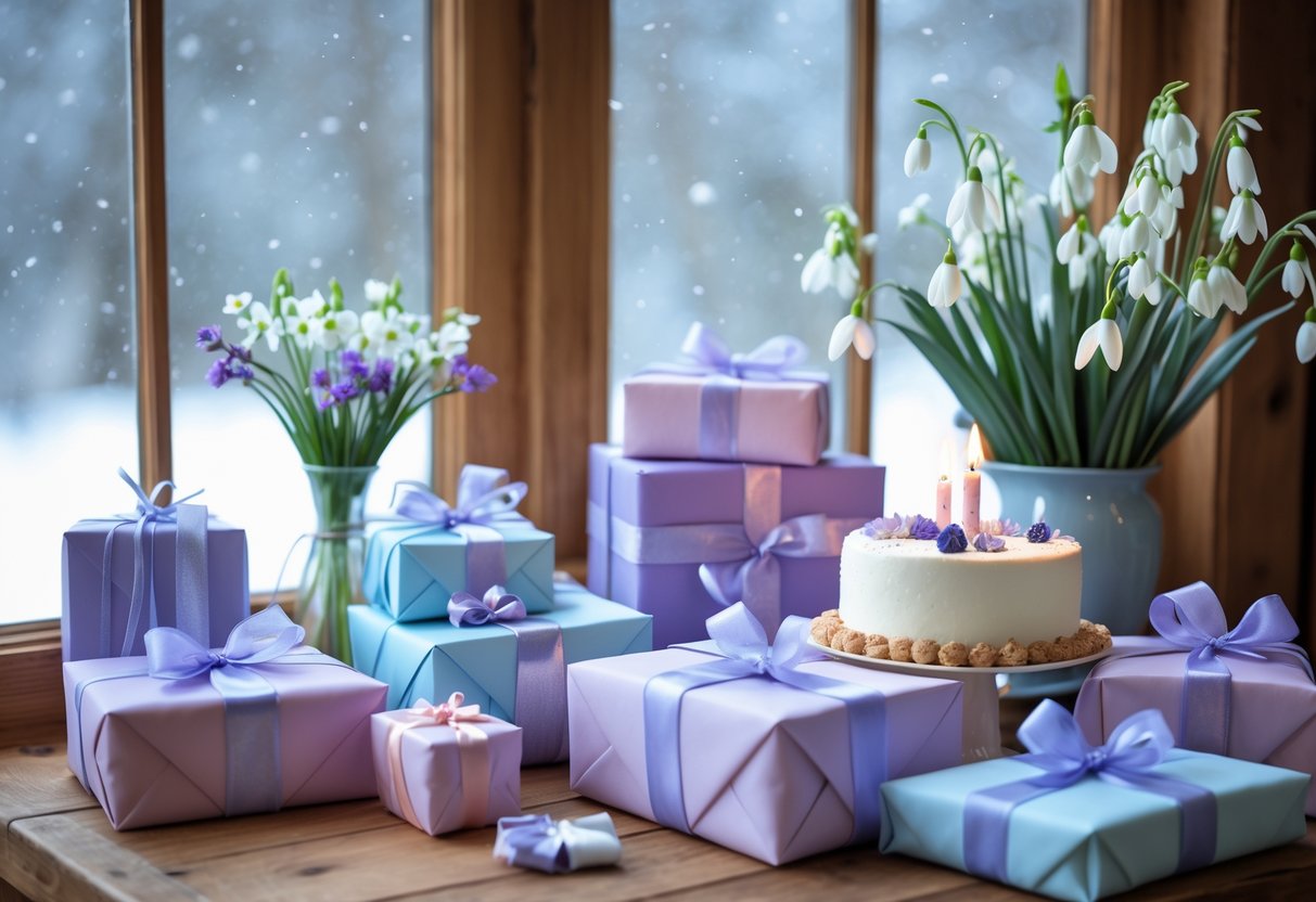 A cozy indoor scene with wrapped birthday gifts, a small decorated cake with a lit candle, and a vase of winter flowers on a wooden table by a window showing gentle snowfall.