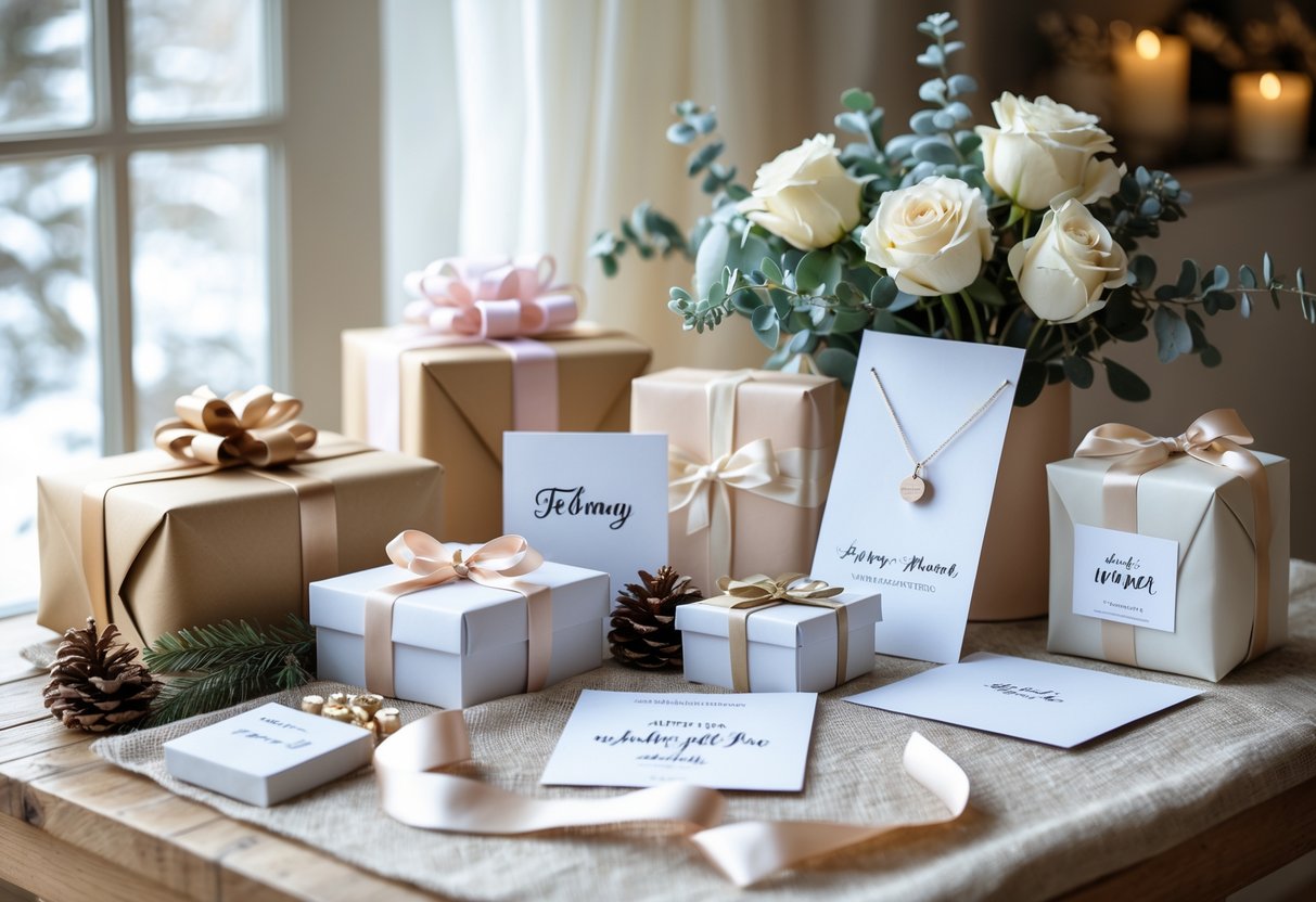 A cozy table with beautifully wrapped custom gifts, a handmade card, and a small bouquet of winter flowers in a softly lit room.