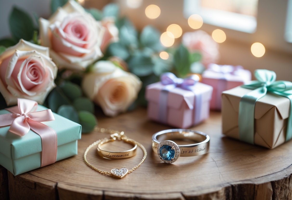 A table displaying personalized jewelry including a gold necklace, birthstone ring, and silver bracelet, surrounded by gift boxes and flowers.