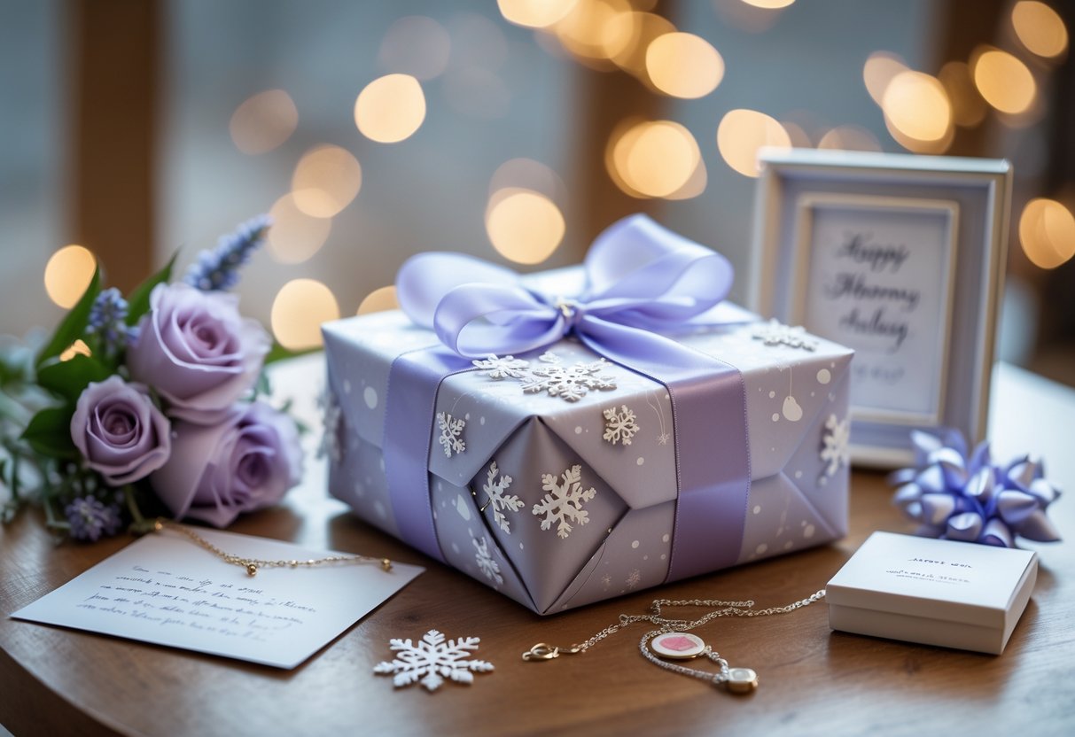 A beautifully wrapped gift box with winter-themed decorations, fresh flowers, a handwritten card, and personalized keepsakes arranged on a wooden table.