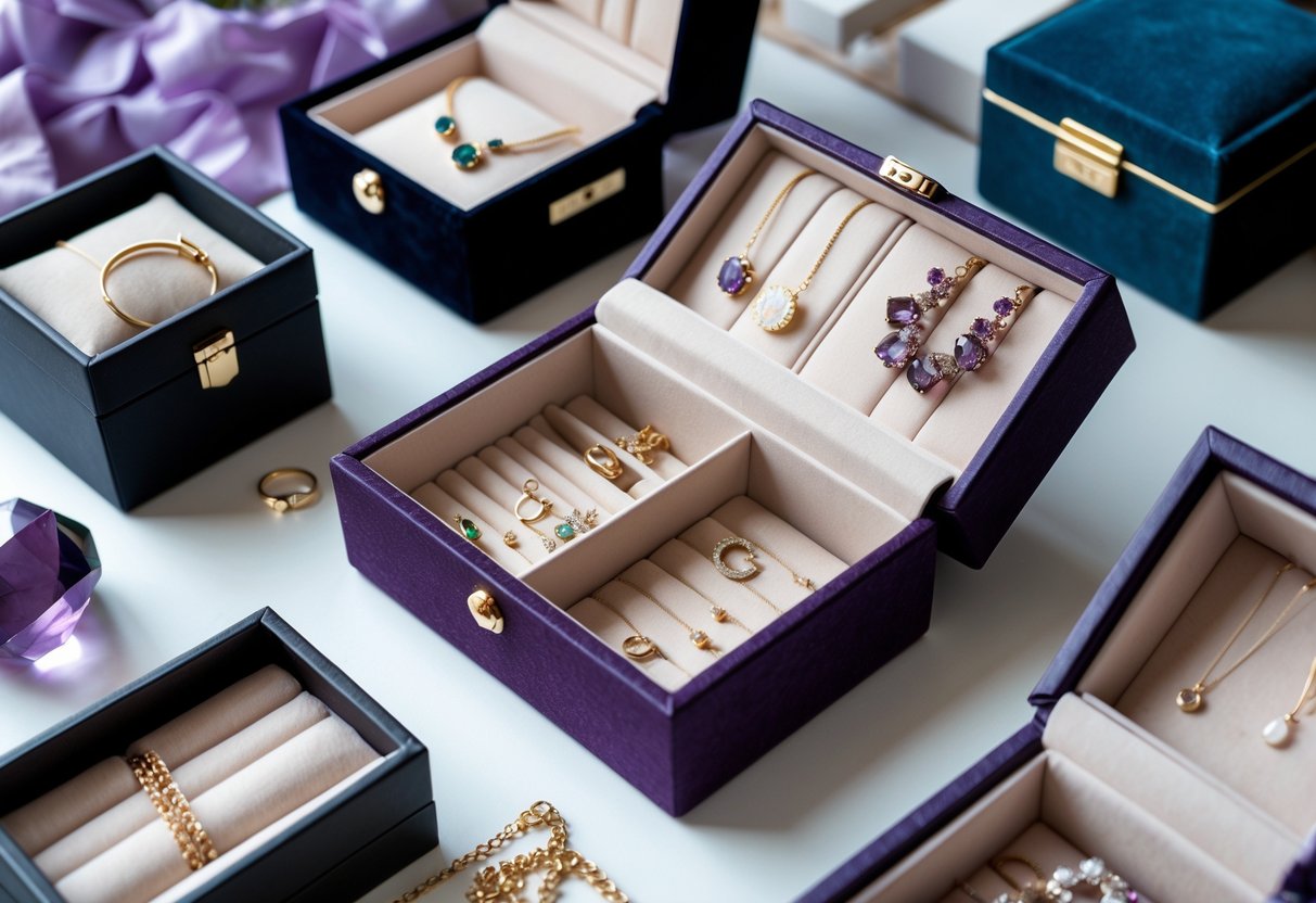 A collection of elegant jewelry boxes and organizers filled with necklaces, rings, bracelets, and earrings arranged on a surface with soft lighting.