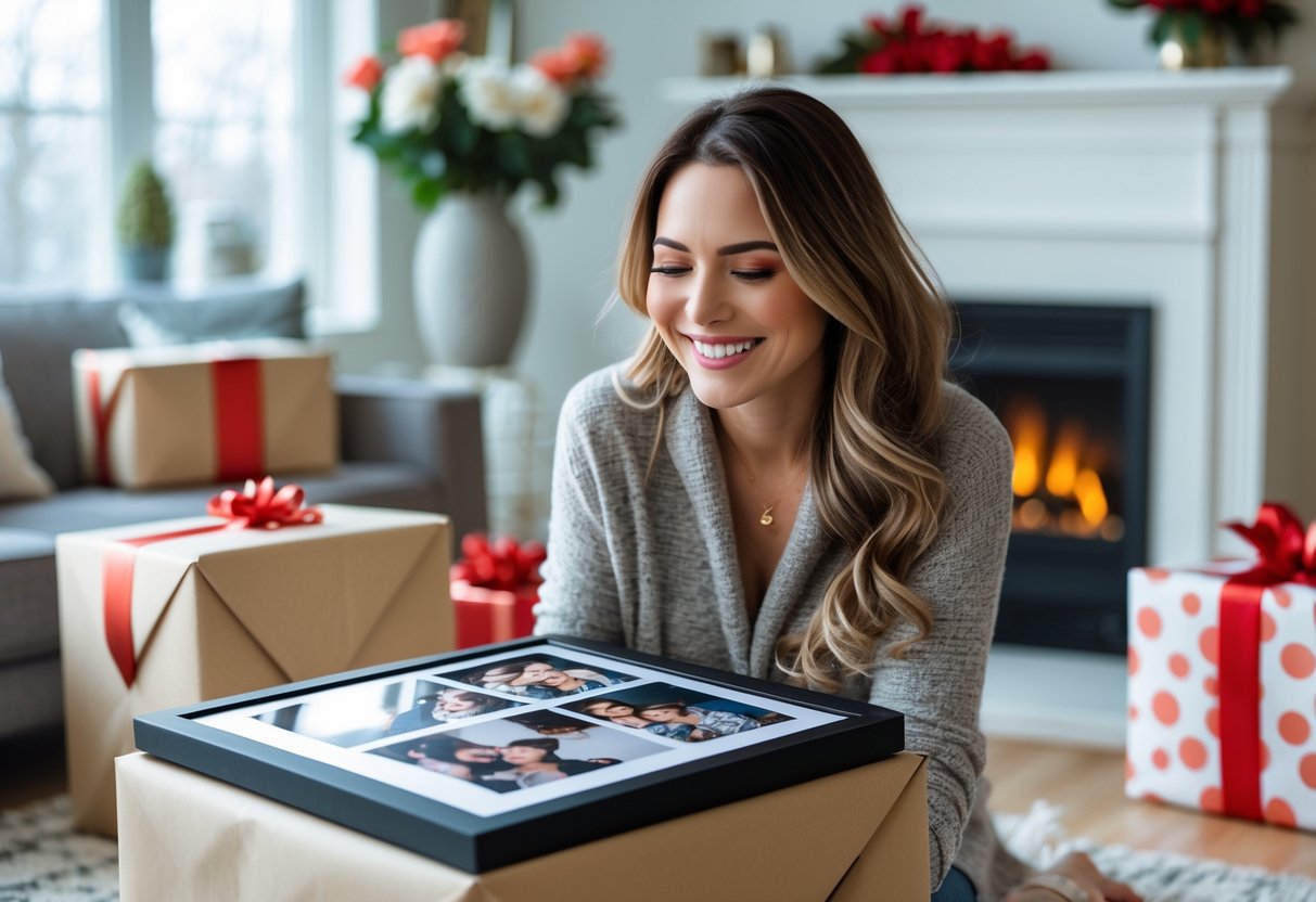 A woman happily opening a personalized photo gift in a cozy living room with natural light and winter decor.