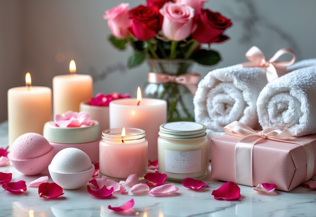 A spa scene with rose petals, scented candles, bath bombs, body cream, a rolled towel, a wrapped gift box, and a vase of red and pink roses on a white surface.