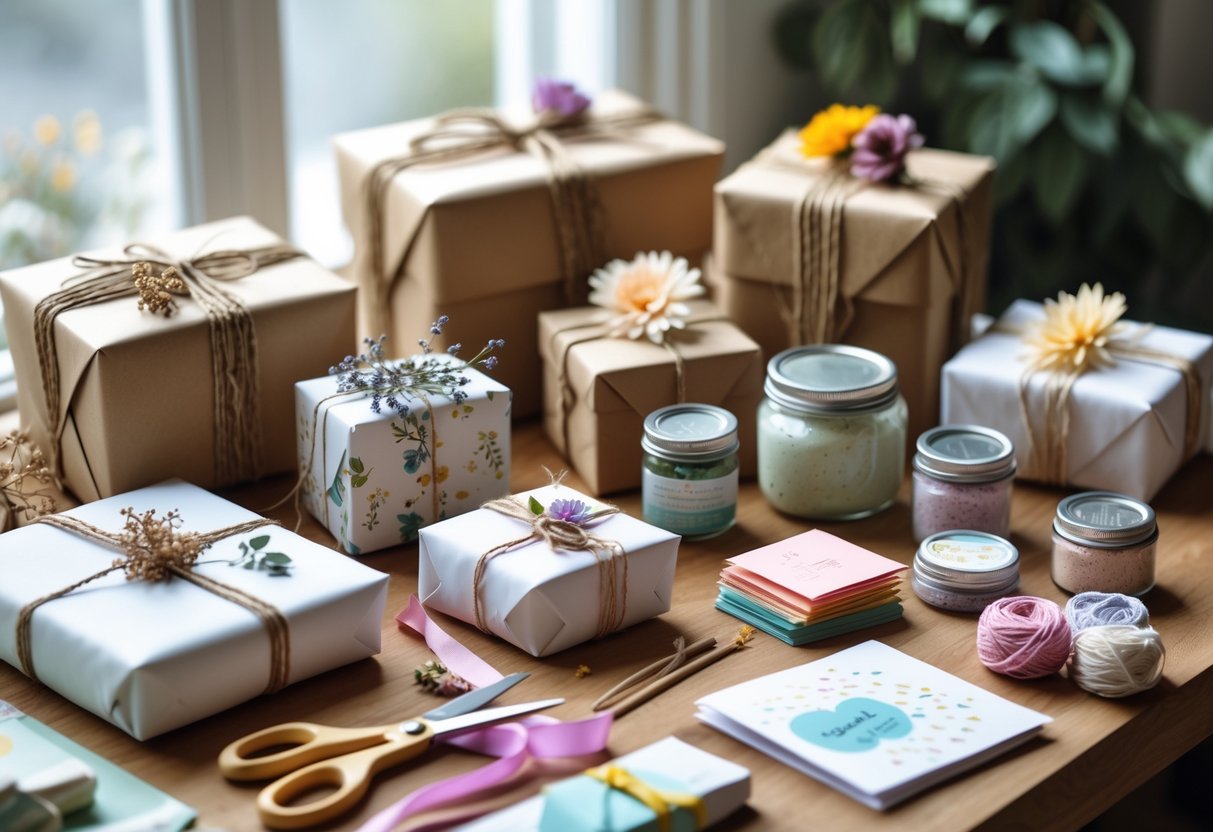A table displaying various handmade and DIY gifts including wrapped boxes, hand-painted cards, jars of bath salts, and knitted items with crafting supplies nearby.