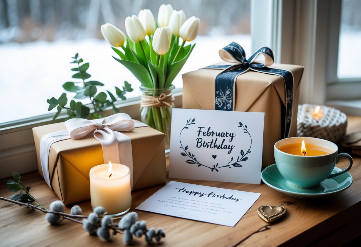 A wooden table with wrapped gifts, a handwritten card, a bouquet of winter flowers, a cup of tea, and a lit candle near a window showing snowy outdoors.