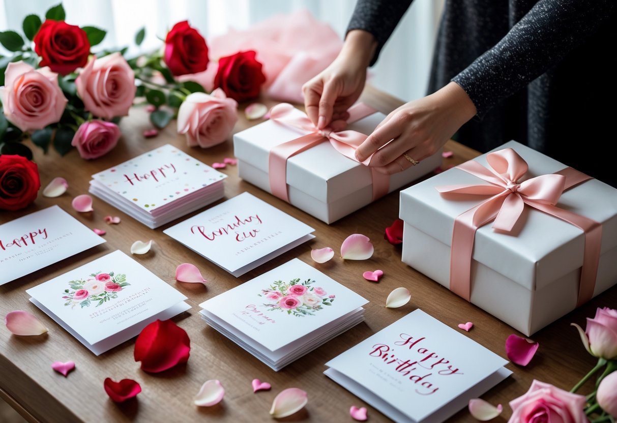 A woman’s hands tying a ribbon on a wrapped gift box surrounded by birthday cards, roses, and rose petals on a wooden table.