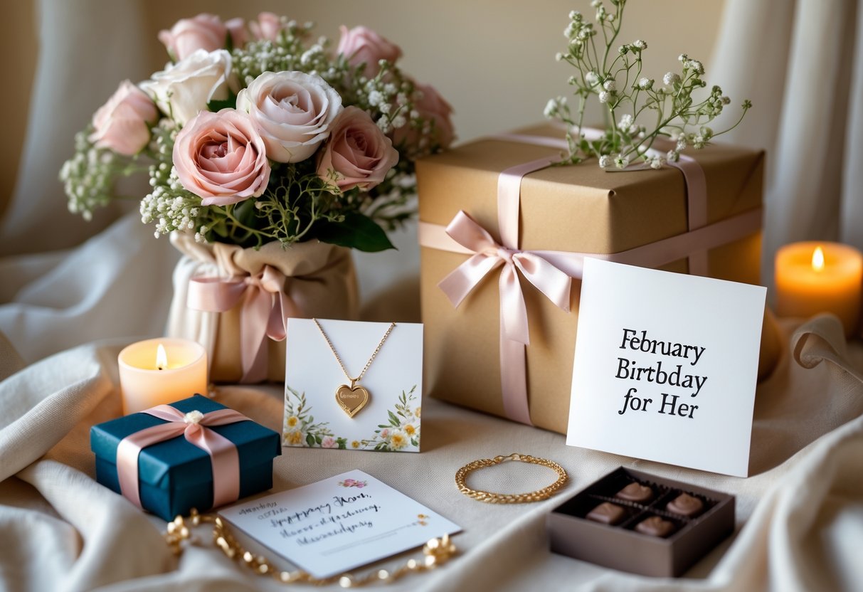 A collection of thoughtful birthday gifts for her including flowers, a wrapped present, personalized jewelry, a handwritten card, and chocolates arranged on a soft, cozy surface.
