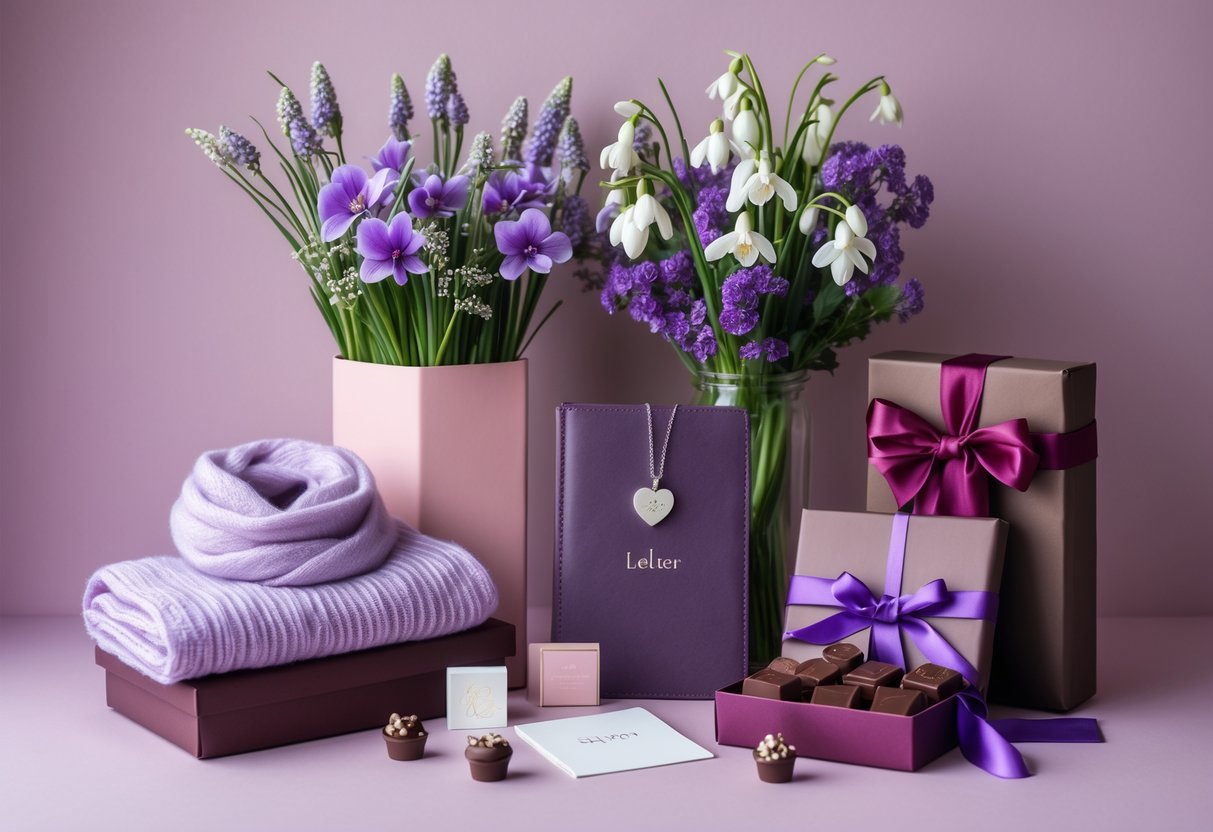 A collection of personalized birthday gifts for her arranged on a pastel background, including a silver heart necklace, cashmere scarf, purple and white flowers, a monogrammed journal, and a box of chocolates.