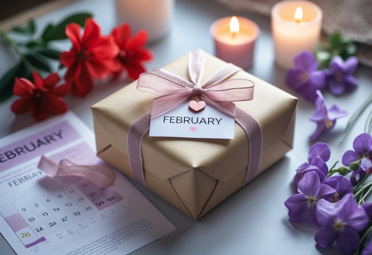 A wrapped birthday gift with flowers and a calendar page showing February on a cozy table.