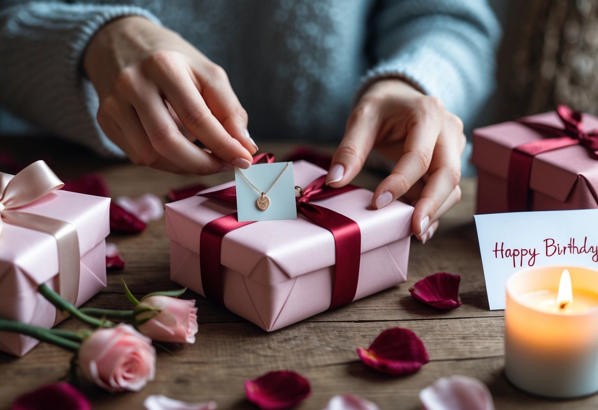 A woman's hands arranging personalized birthday gifts and a handwritten card on a wooden table with flowers and a lit candle.