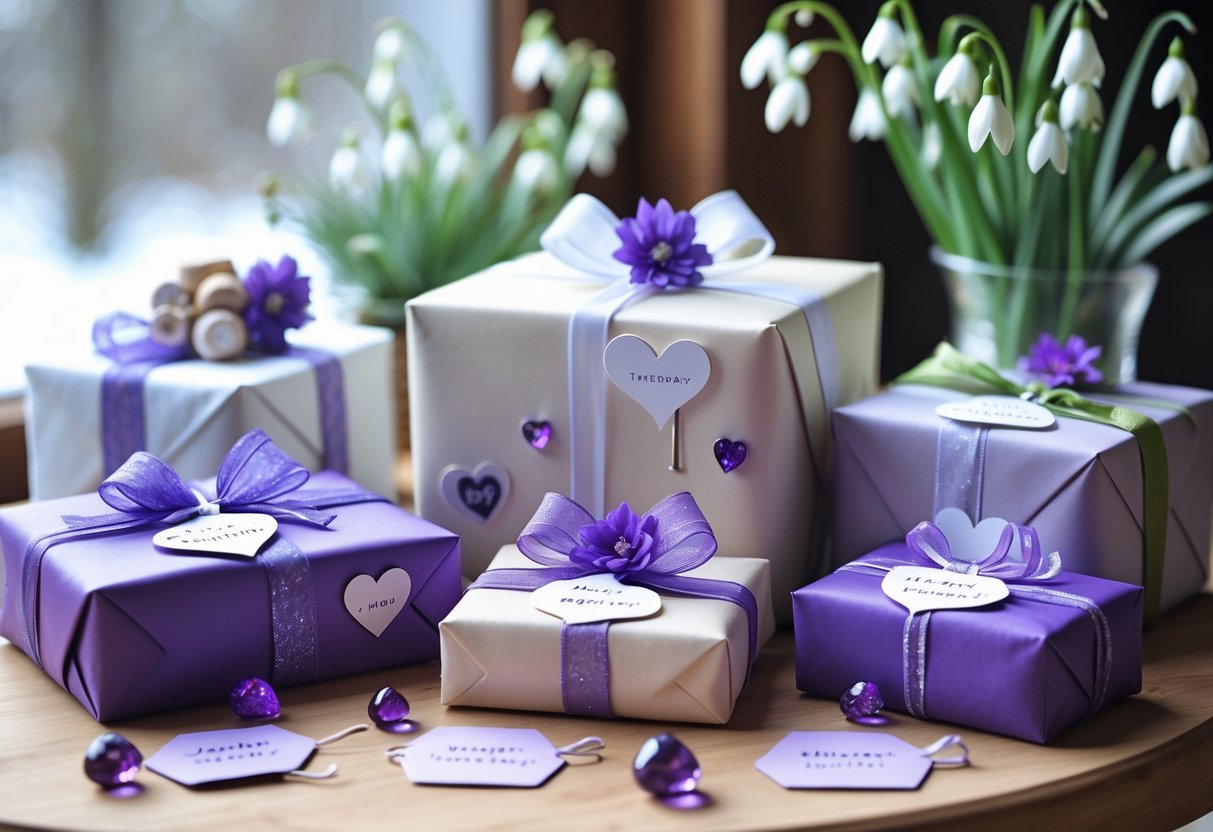 A table with beautifully wrapped personalized birthday gifts decorated with violet flowers and amethyst stones, set in a cozy room with hints of winter and early spring.