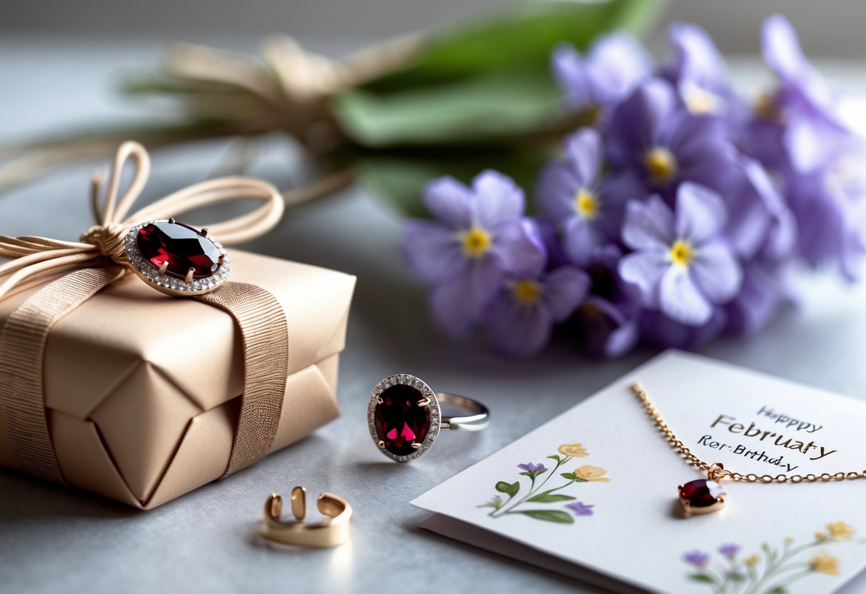 A gift box with a garnet gemstone charm next to purple violets and a garnet jewelry piece on a softly lit surface.