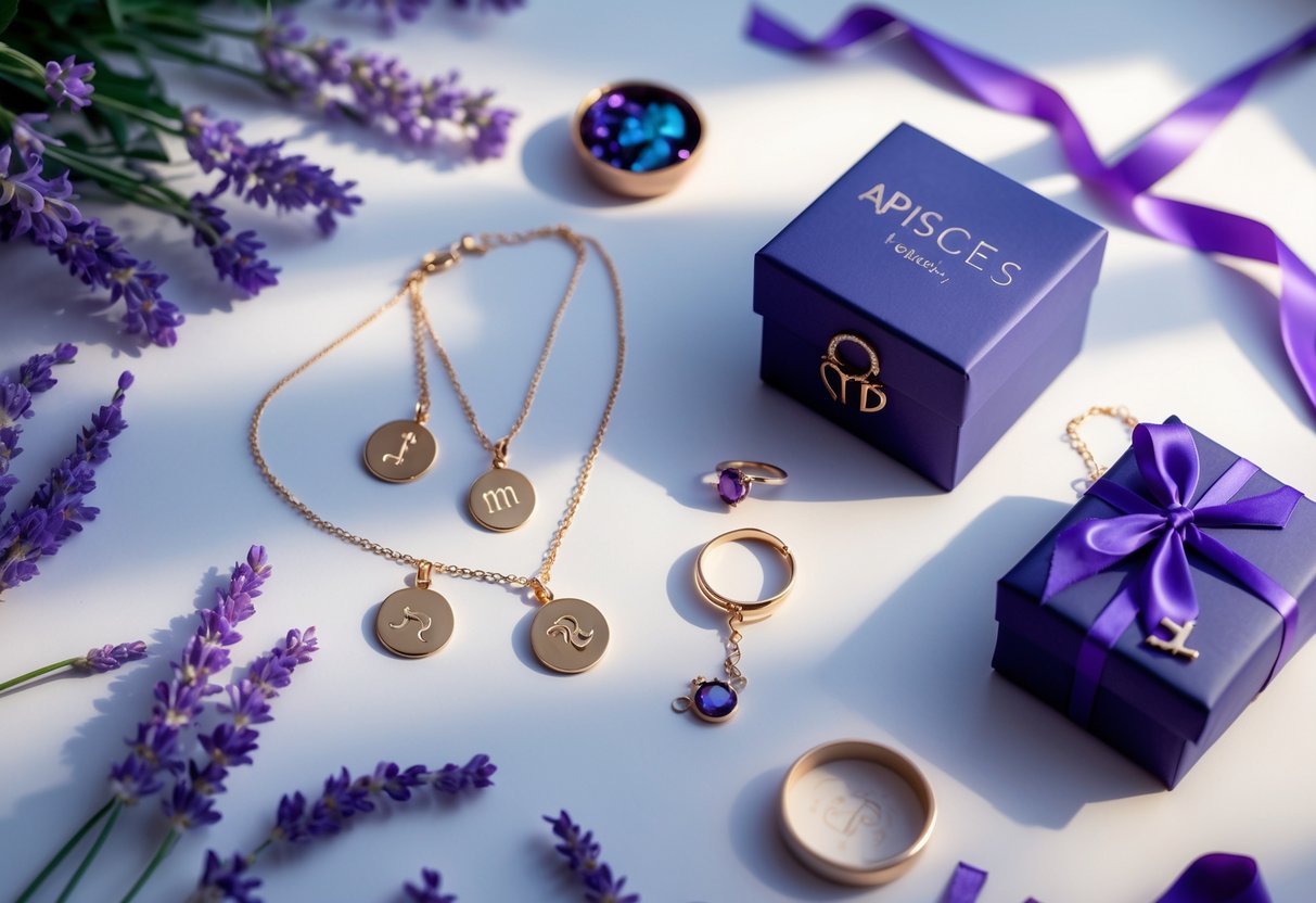 Flat lay of personalized February birthday gifts including zodiac-themed jewelry, a birthstone ring, a keepsake box, lavender sprigs, and gift wrapping on a neutral background.