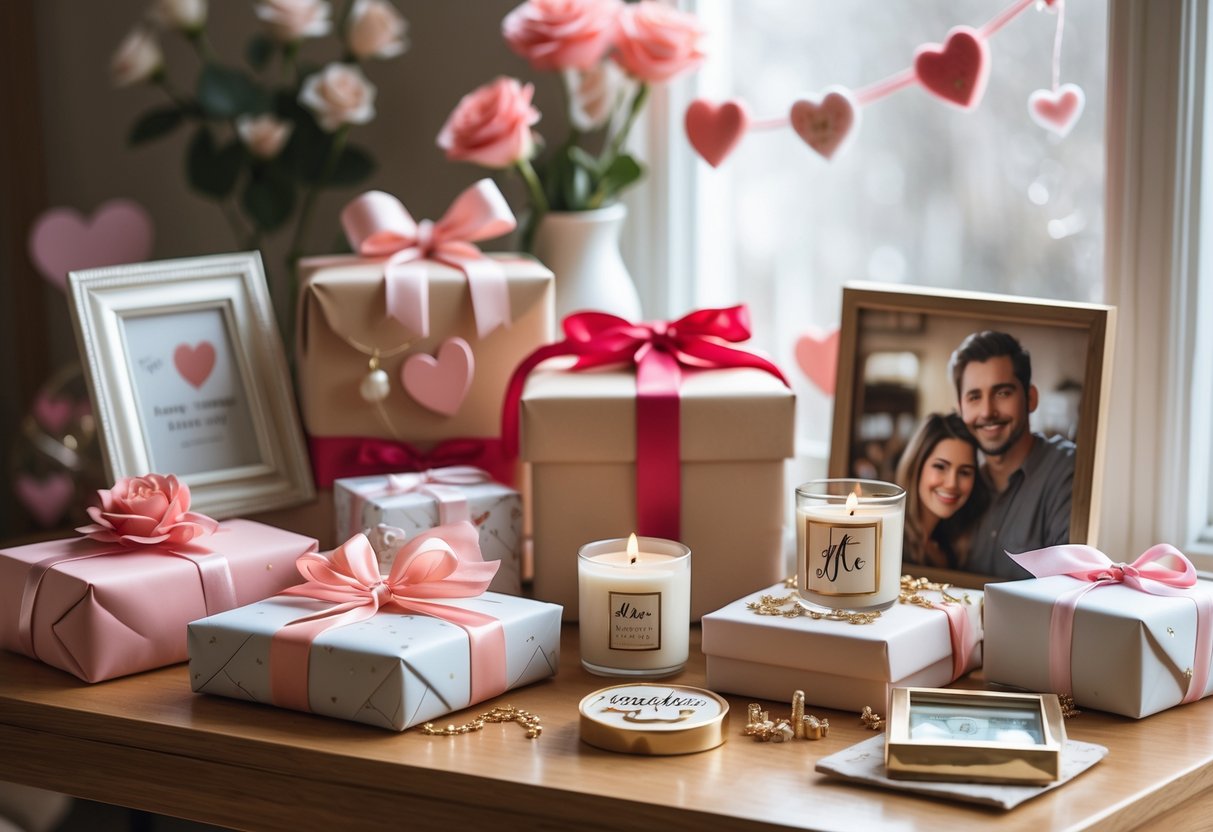 A table filled with personalized birthday gifts including engraved jewelry boxes, monogrammed candles, and photo frames, surrounded by flowers and heart decorations.
