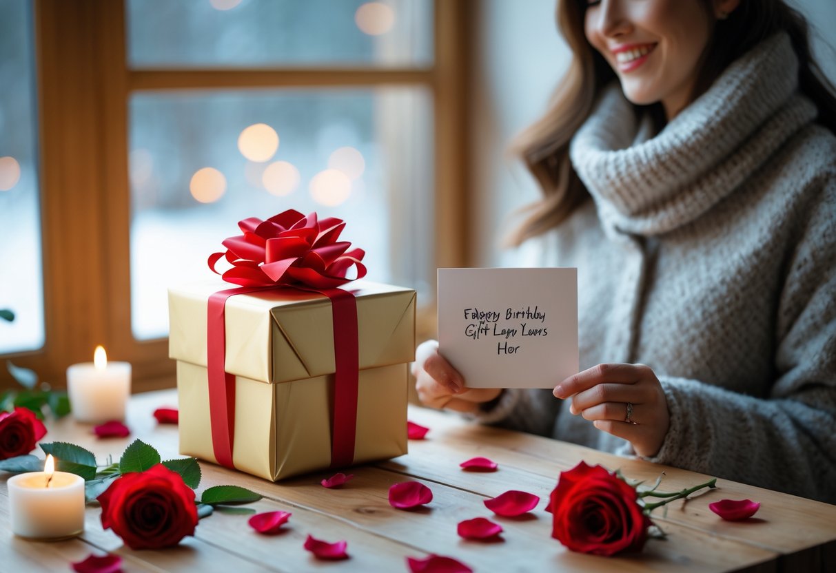 A woman holding a personalized birthday card next to a wrapped gift box surrounded by roses and candlelight on a wooden table near a window with a winter view.