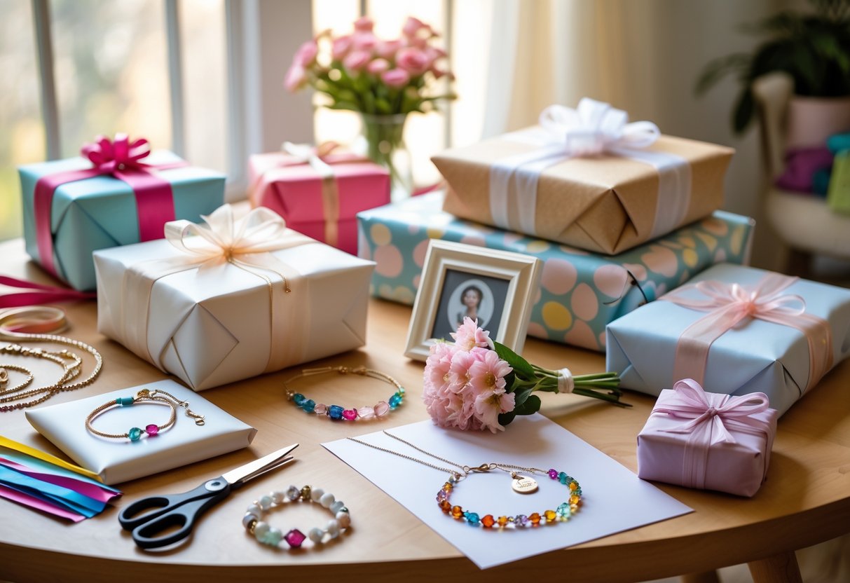 A wooden table with handmade birthday gifts, including wrapped presents, jewelry, a photo frame, flowers, and crafting tools in a cozy room.