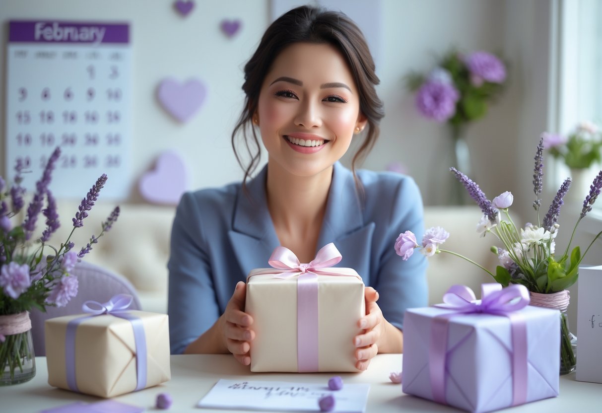 A woman holding a wrapped birthday gift at a decorated table with flowers and personalized items, smiling gently.