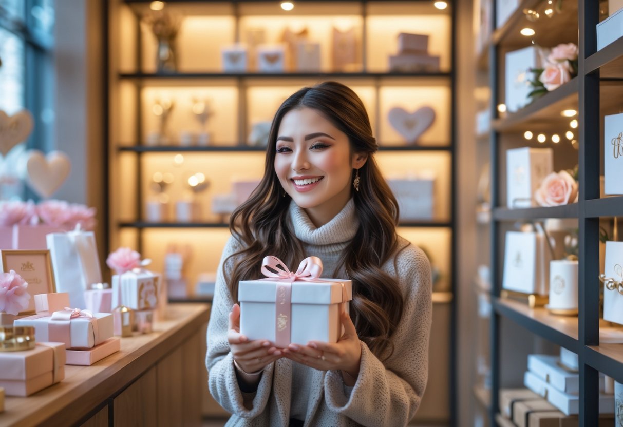 A young woman smiling while looking at personalized gift items in a boutique store.