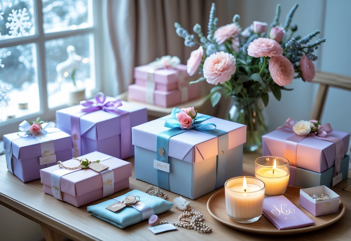 A cozy scene with personalized birthday gifts for a woman on a wooden table, including wrapped boxes, engraved jewelry, flowers, and a cup of tea.