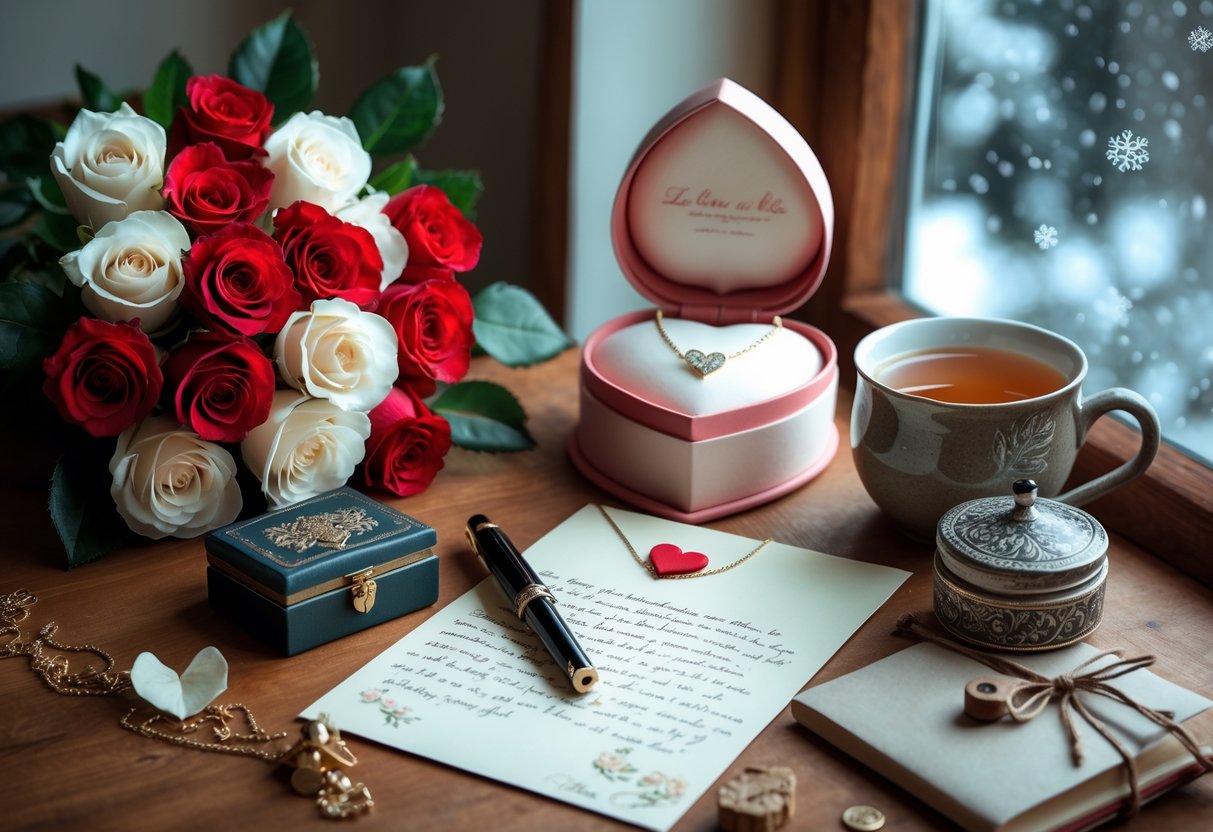A table displaying a bouquet of roses, a heart-shaped jewelry box with a necklace, a handwritten letter with a fountain pen, a keepsake box, and a cup of tea near a window showing snow outside.