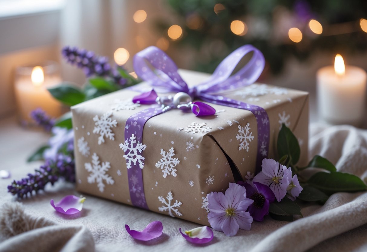 A beautifully wrapped birthday gift surrounded by violet flowers and rose petals on a soft surface with warm candlelight in the background.
