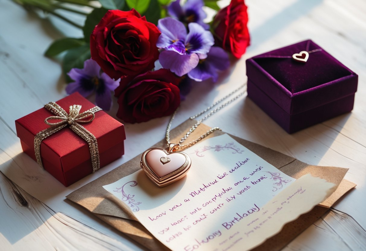 A flat lay of keepsake gifts including a heart-shaped locket, a velvet gift box, a handwritten note, and a bouquet of red and purple flowers on a wooden surface.