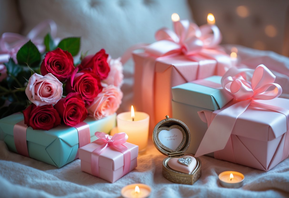 A close-up of romantic birthday gifts including roses, wrapped presents, and a heart-shaped locket in a keepsake box with soft candlelight.