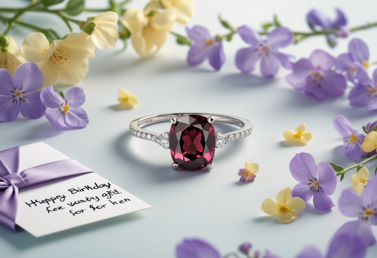 A flat lay of garnet jewelry surrounded by violet and primrose flowers, a gift box with ribbon, and a note card on a light background.