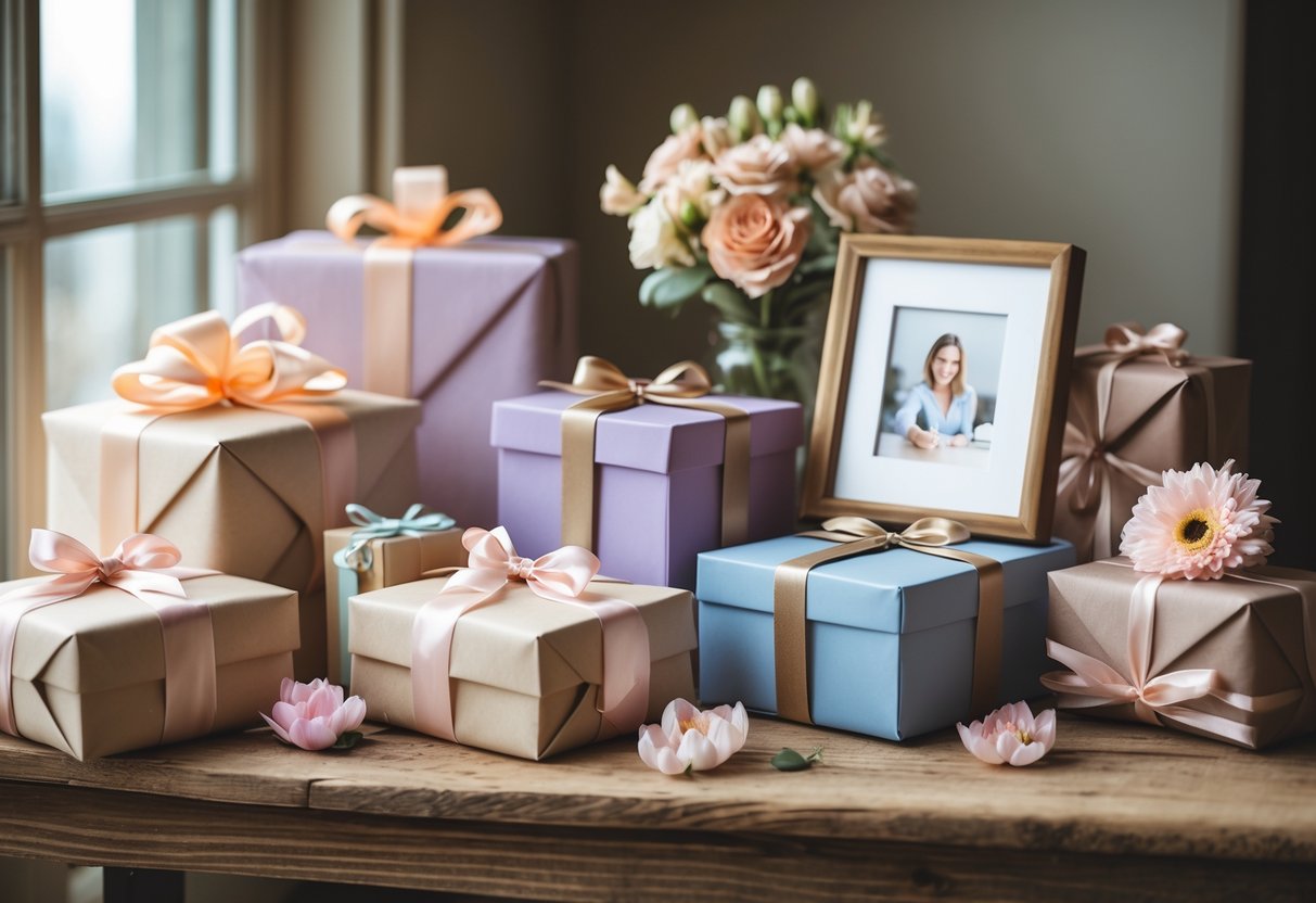 A collection of personalized birthday gifts for her arranged on a wooden table with flowers and soft natural light.