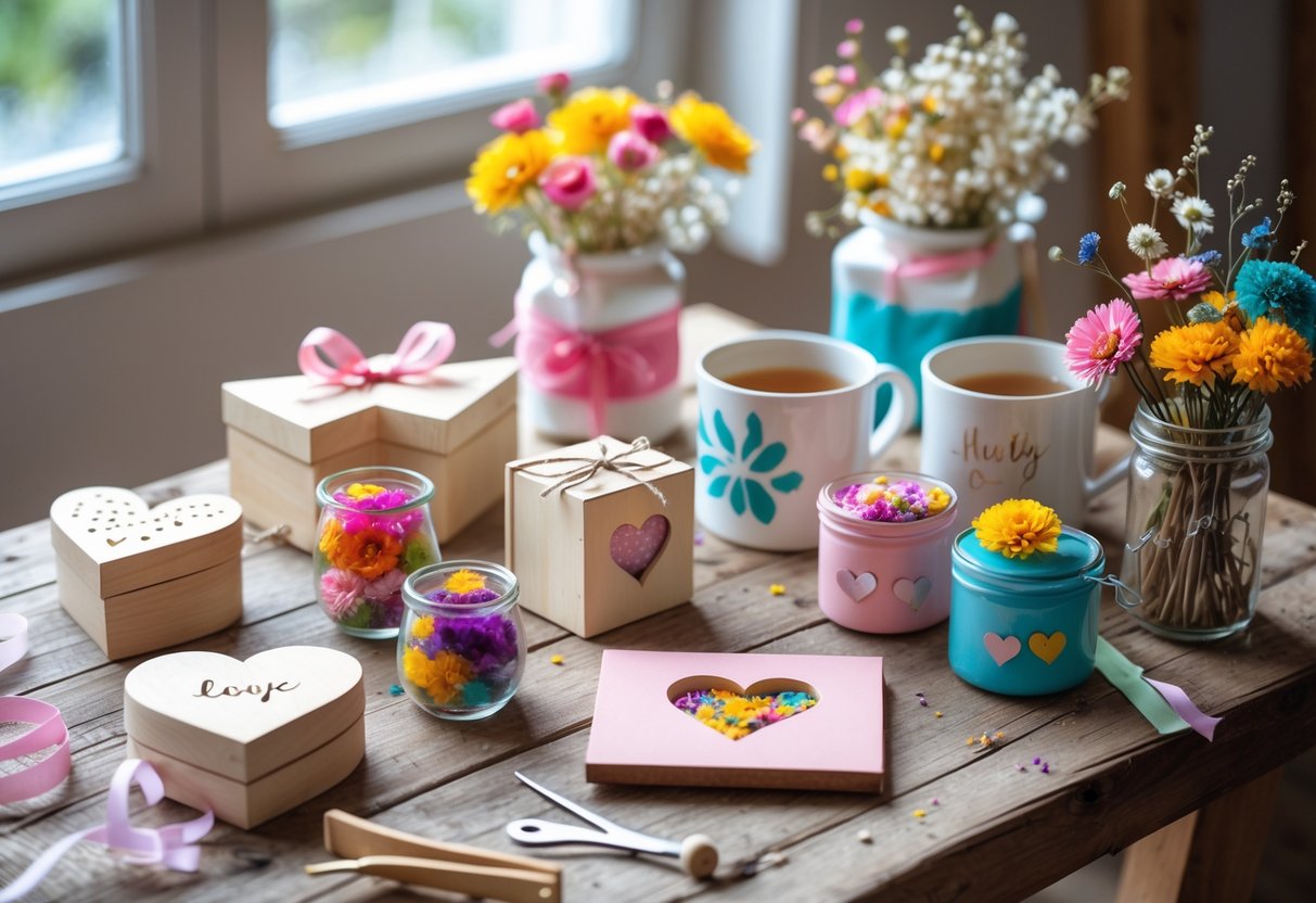 A table displaying various handmade keepsake gifts including heart-shaped boxes, photo frames, mugs, and jars with dried flowers, surrounded by crafting tools.