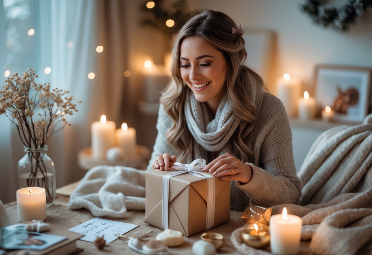A woman happily opening a gift box indoors surrounded by cozy decorations and keepsakes.