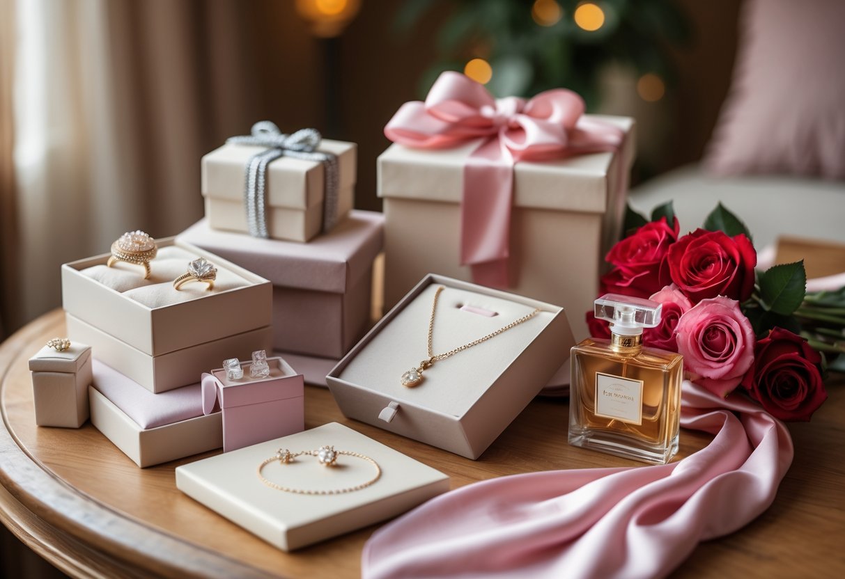A collection of elegant birthday gifts including jewelry, perfume, a silk scarf, and roses arranged on a wooden table.