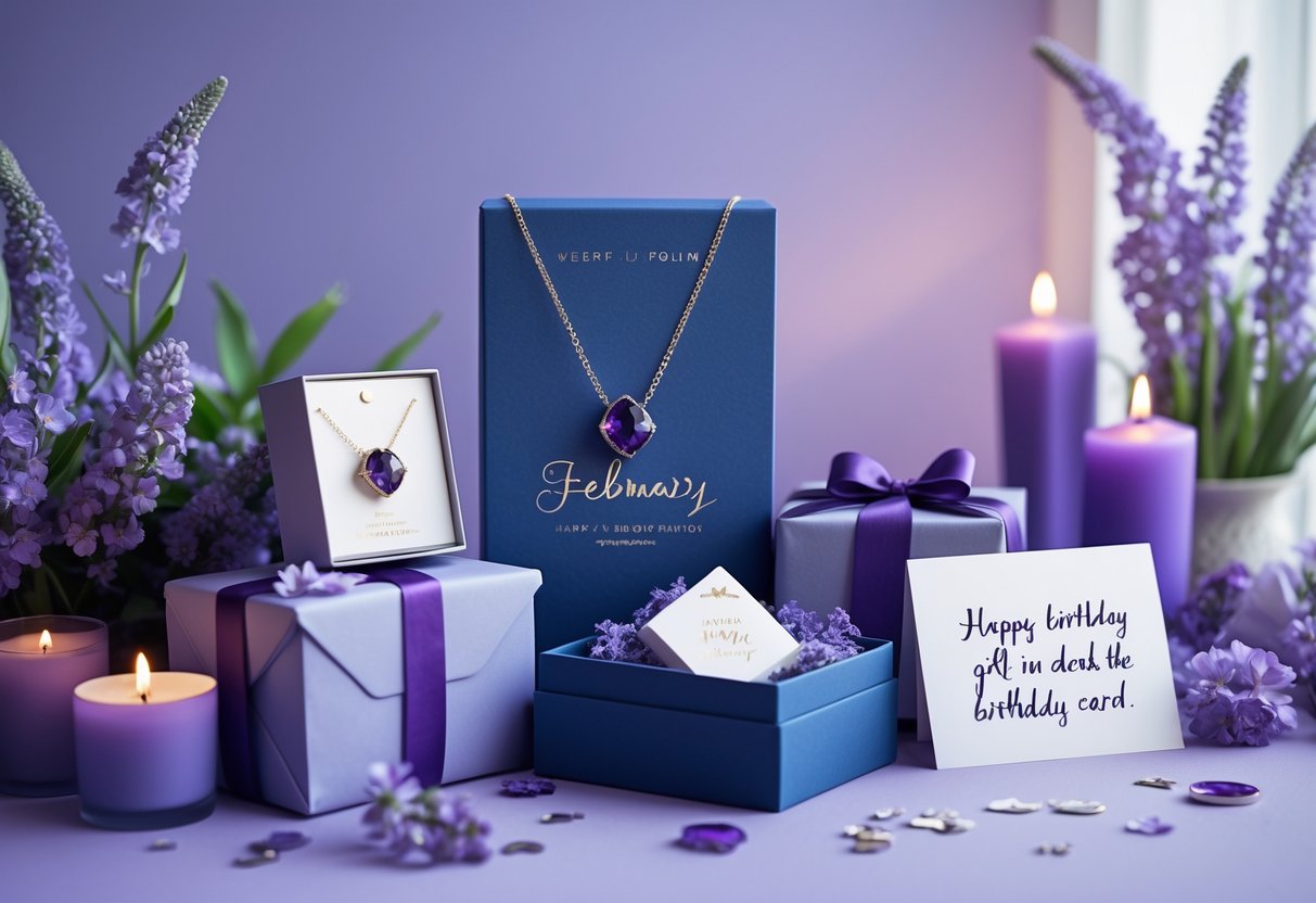 A collection of thoughtful birthday gifts for a woman, including amethyst jewelry, a keepsake box, a cashmere scarf, and a handwritten card, arranged with purple flowers and candlelight on a pastel background.
