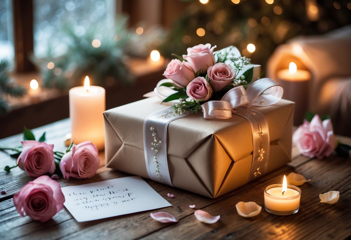 A wrapped birthday gift with ribbons and flowers on a wooden table, surrounded by candles, rose petals, a handwritten note, and a small bouquet, with a cozy winter background.